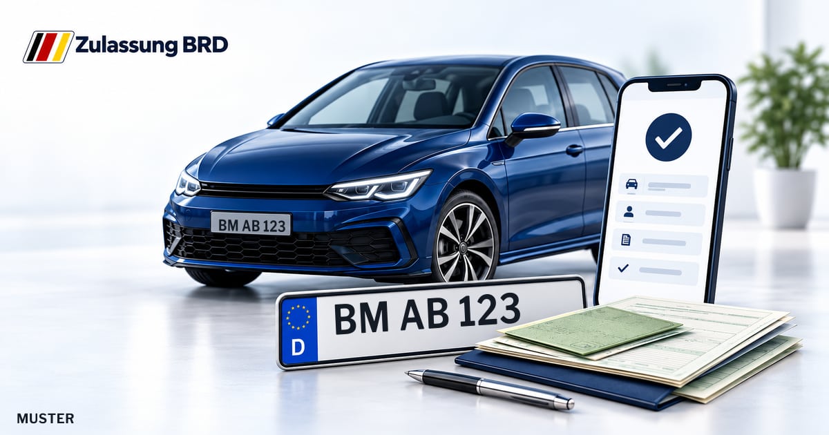 Online Fahrzeugzulassung in Brühl: Musterkennzeichen BM AB 123, Auto und Fahrzeugpapiere und Smartphone. Illustration mit Logo von Zulassung BRD.